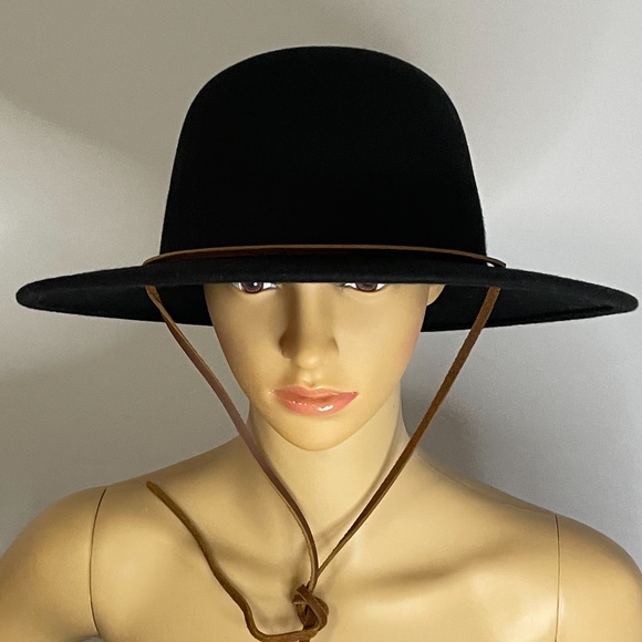 NWT black felt wide brim boho glam Brixton hat with brown suede drawstring tie. main image 3